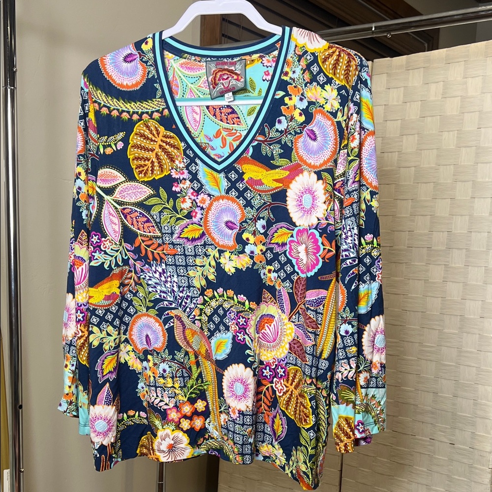 Johnny Was Los Angeles Floral Boho V-Neck Long Sleeve Top Size L